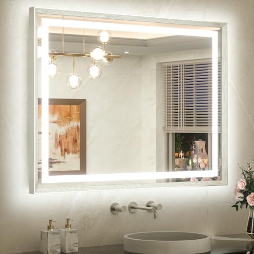 TETOTE 40 x 32 Led Mirror Brushed Nickel Metal Frame Frontlit & Backlit Vanity Mirror Anti-Fog Stepless Dimmable 3 Colors White/Warm/Natural Wall Mirror with Lights Wall-Mounted