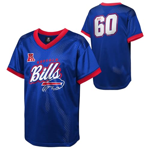 NFL Kids Youth Boys 8-20 Officially Licensed Division Established Team Color Mesh V-Neck Wordmark Primary Logo Jersey - Buffalo Bills - Blue - Medium 10/12