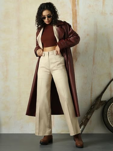 Image of High Star Women High Rise Solid Regular Length Wide Leg Casual Trousers