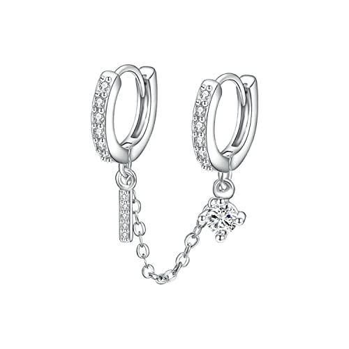 JOLCHIF アレルギー対応ダブルピアス チェーン繋がってるシルバー ジルコン吊るしリング 小さくて精巧 二連チェーン ピアス 軟骨 片耳用 - JOLCHIF - 商品画像