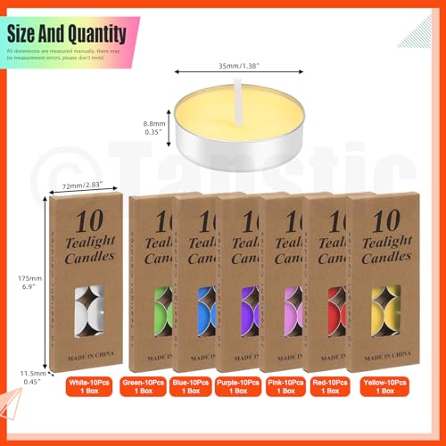 Tanstic 70Pcs Tea Lights Candles, 7 Colors Tealight Candles Aluminum Cup, Tea Cup Candle Bulk, Smokeless Dripless Unscented Candle for Weddings, Wax Melt, Home Decorations