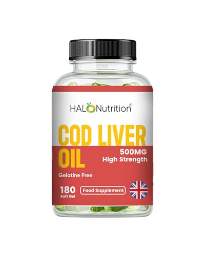 HALO Nutrition Cod Liver Oil 500 mg 180 Softgel Capsules (Providing Omega-3, with Vitamins A and D, for The Normal Function of The Immune System, 6 Month Supply, Made in The UK