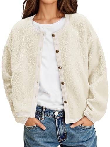 Image of Yousify Womens Sherpa Fleece Jackets Cropped Button Down Crew Neck Coats Fall Casual Trendy Outerwear