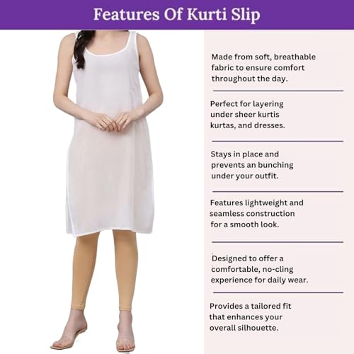 Image of Women's Sleeveless Cotton Inner Slip Dress Round Neck Soft Comfortable Fit Full Length Camisole Innerwear Summer top Undergarment for Girls