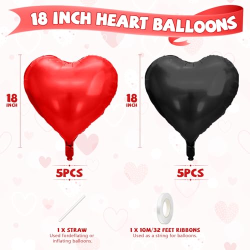 Image of Red Black Heart Balloons, 10 Pcs Metallic Heart Shaped Balloon, 18 Inch Red and Black Foil Balloons Helium for Engagement Brithday Bridal Baby Shower Wedding Engagement Valentines Party Decorations