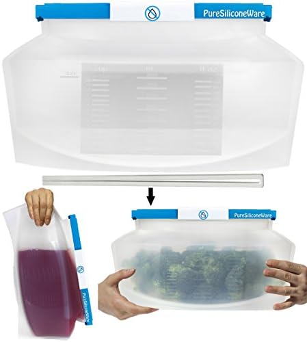 PureSiliconeWare 0.9 Gallon Reusable Silicone Bags freeze heat microwave steam store sous vide Vented or Leak-Proof Closure BLUE