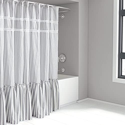 richroof Fabric Shower Curtain Gray White Striped Curtains for Bathroom with Lace Ruffle Farmhouse Bath Curtain for Shower 72x72
