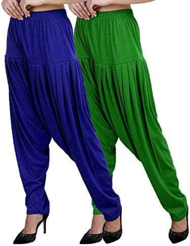 CasualsCollection Women's Cotton Viscose Lycra Dhoti Patiyala Salwar Harem Bottoms Pants Pack 2 Rose Cyan (RoyalBlue, M.P.Green ; L)