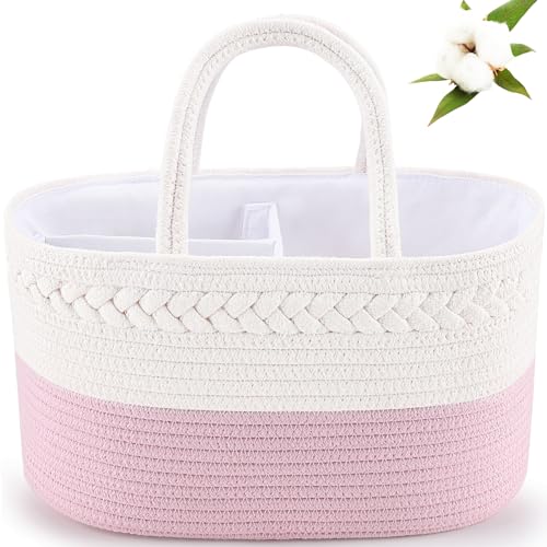 Image of ABenkle Baby Diaper Caddy, Nursery Storage Bin and Car Organizer for Diapers and Baby Wipes, Cotton Rope Diaper Basket Caddy, Changing Table Diaper Storage Caddy Baby Gift Baskets -Pink