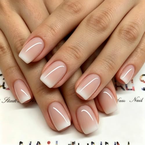 CoolNail Orange Pink Nude White French Fake Nails Squoval Square UV Gel False Press on Nails for Girl Full Cover Wear Finger Nail Art Tips