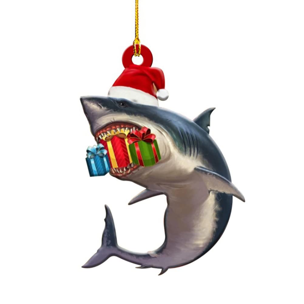 Shark with Santa Hat Christmas Tree Ornament, Wooden Shark Sea Christmas Decoration, Gift Tag, Christmas Holiday Ornament