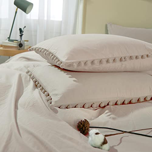 Etdiffe Beige Pom Duvet Cover Queen Size, 3 Piece Boho Bohemian Farmhouse Microfiber Comforter Cover Set, Soft And Lightweight Cute Chic Quilt Cover, Solid Light Khaki #TOP5