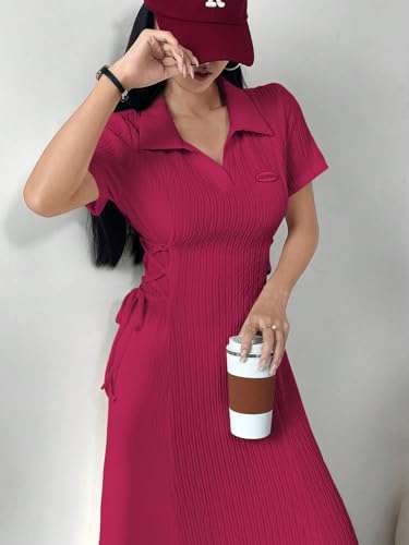 Image of Shasmi Women's Solid Color Applique Lace-Up Collared Short Sleeve, Side-Tie Waist Long Casual Maxi Women Dress Outfit Long Evening Midi Western Party Dress for Women (Dress 211)