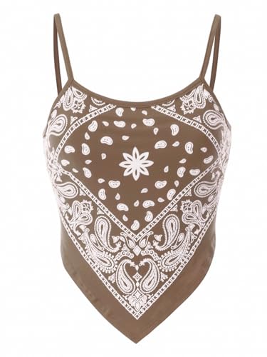 Design by Olivia Women's Stretchy Asymmetric Tie Knob Open Back Bandana/Flower Print Crop Top Shirt- Made in USA