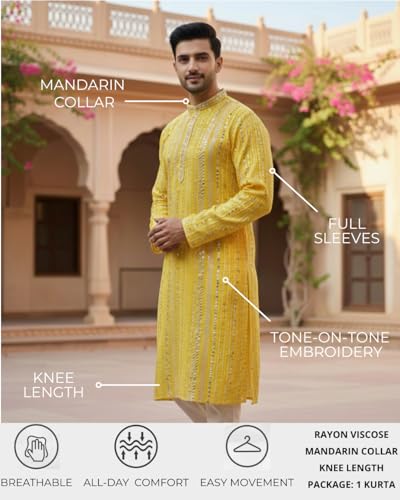 Image of Men's Pure Cotton Kurta Regular with Mandarin Collar | Printed Long Kurta for Festive, Casual