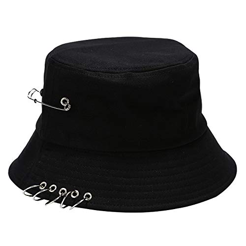 Five Ring &Safety Pin Decor Cotton Bucket Hat Packable Beach Sun Hat for Womens Men (US Alpha One Size Black)