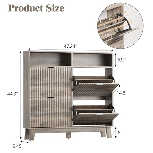 Image of Shoe Cabinet Storage for Entryway with 4 Flip Drawers, Fluted Narrow Shoe Organizer with Wooden Legs & Top Cubby, Freestanding Slim Shoe Storage Hidden Shoe Rack for Front Door Entrance, Grey