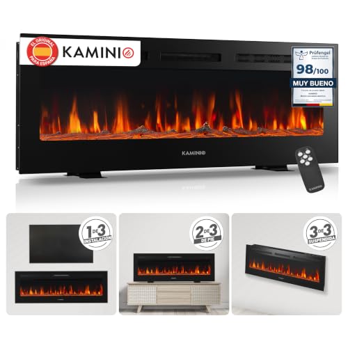 Chimenea eléctrica KAMINIO Marlon Pro 50 empotrada en la pared del salón con efecto llama encendido