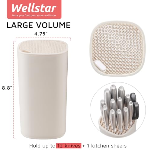 Universal Knife Block Holder for Kitchen, WELLSTAR Knife Stand without Knives, Safe Space Saver Large Volume Stable Knife Storage with Scissors Slot, Detachable for Easy Cleaning – Off-White