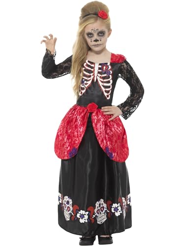 Smiffys Disfraz de chica deluxe del día de muertos, Negro, con vestido y diadema