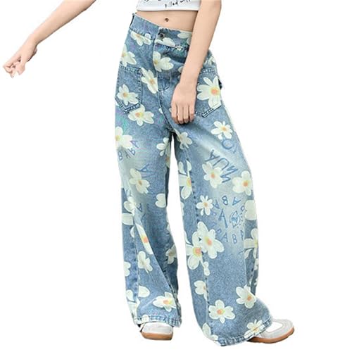 Girls Cute Floral Print Baggy Jeans Kids School Denim Pants