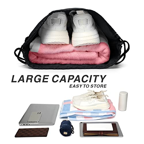 Airbuyw Drawstring Backpack, 210D Nylon Foldable Sports Gym Drawstring Tote Bag Pack Sack W Zipper Side Pocket For Men Women Black #TOP4