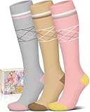 Cotton Compression Socks for Women&Men-Knee High Cute Support Sock striped fashion soft cozy lounge holiday present option argyle gray beige pink gifts L-XL