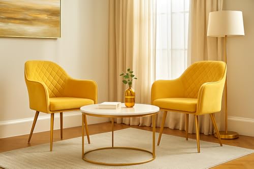 Image of Barfi Velvet Dining Chair | Set of 2 Premium Modern Upholstered Accent Chair with Armrest, Padded Seat and Metal Legs | Comfy Chair for Home, Office & Restaurents | (Yellow)