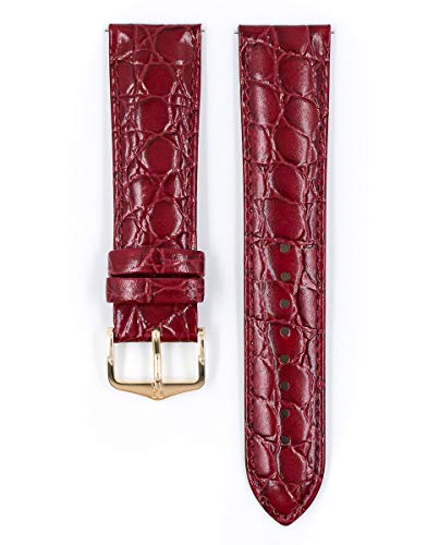Hirsch Crocograin Bonded Leather Watch Strap - Burgundy Band/Gold Buckle - M - 18Mm / 16Mm - Shiny Gold Buckle - Leather Band #TOP1