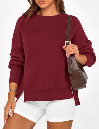 BTFBM Women's Casual Crewneck Sweatshirts Long Sleeve Side Slit Workout Fleece Pullover Top 2026 Fall Fashion Clothing(Burgundy, Large) — view 5