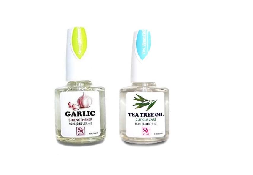 RK Cuticle Nail Care Aceite de árbol de té y fortalecedor de uñas de ajo, capa superior, 0.5 onzas líquidas