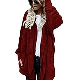 KCatsy Womens Fleece Coat Hooded Mid-Length Plus Size Soft Flannel Jacket Solid Colour Plain Shaggy Shearling Furry Outerwear(A Wine Red,5XL 22)