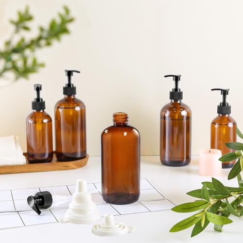 12 Pack Amber Glass Bottles 16oz with Pump Dispensers, Refillable Empty Pump Bottles for Bathroom, Kitchen, Shampoo, Soap, Lotion – Includes 2 Funnels & 12 Labels2