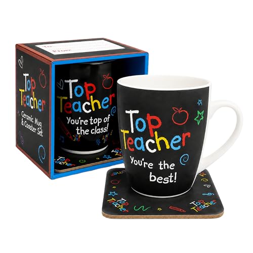 Topline Ceramic Mug & Coaster Set for Teachers Gifts - Top Teacher 11oz Colourful Mug & Coaster Gift Box for School Leavers End-of-Term Gifts for Teacher