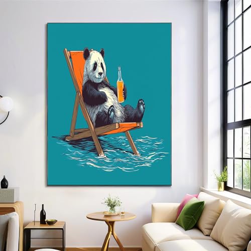Tableau Panda sur Chaise de Plage Décoration Salon Moderne Toile Bleue-Verte Sans Cadre 80x120cm
