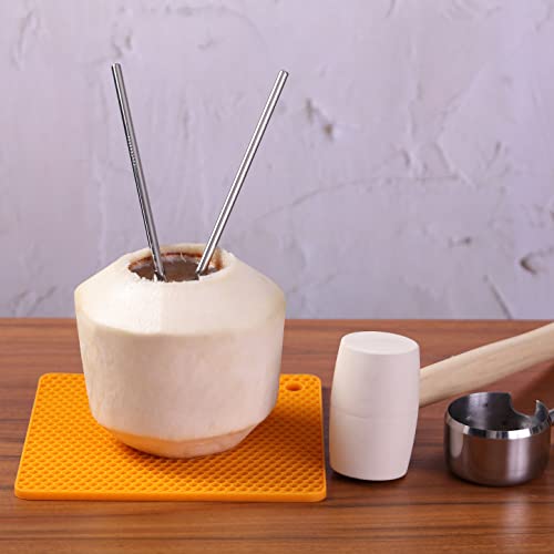 Coconut Opener Tool Set, Stainless Steel Coco Nut Opener Kit, Safe & Easy Tool To Open Young & Mature Coconuts, White Rubber Mallet, Coconut Meat Scraper, Reusable Straws And Silicone Mat #TOP2