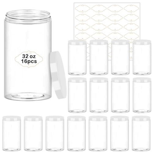 PeacePeo 32 OZ Plastic Jars,16 Pcs Clear Plastic Jars with White Lids Round Empty Storage Jar Wide Mouth Refillable Storage Container with Lids for Household and Kitchen Food Organizing