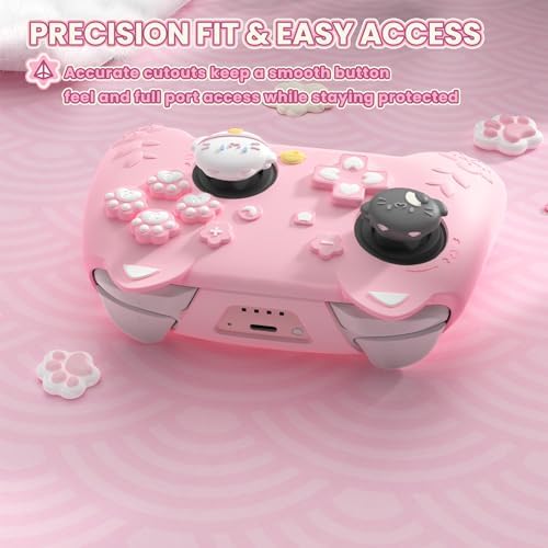 PlayVital for Nintendo Switch 2 Pro Controller Silicone Cover – Cherry Blossoms Kitten Cute Protective Skin Case for Switch 2 Pro Controller w/Back Button Cap & Thumb Grip & Sticker - Pink - 5