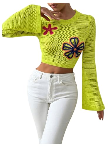 Image of SweatyRocks Women's Floral Flare Sleeve Hollow Out Pullover Cropped Sweaters Yellow Large