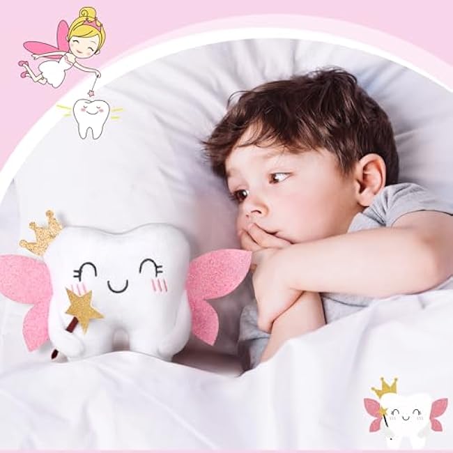 Tooth Fairy Pillow Kit Includes Toothfairy Pillow with Pocket Fairy Glitter Receipt Envelope Card, Toothfairy Plush Keepsake Gift for Kids Boys Girls Souvenir (Cute Style)