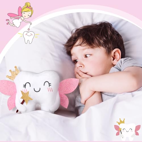 Image of Threehoney Tooth Fairy Pillow Kit Includes Toothfairy Pillow with Pocket Fairy Glitter Receipt Envelope Card, Toothfairy Plush Keepsake Gift for Kids Boys Girls Souvenir (Cute Style)