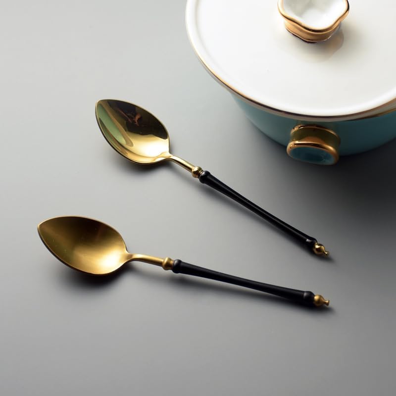 Silverware Set, 1/4/6/8/10/12 Pcs 304 Stainless Steel Dessert Spoon Coffee Stirring Spoon Light Luxury Mirror Black Gold Soup Spoon(12 Pieces)