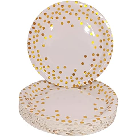 CEILIWEN White and Gold Plates, White Gold Paper Plates, 7’’ Polka Dot Paper Plates, Paper Party Plates, Gold Party Plates, Pack of 50 (White Gold Plates) Cover