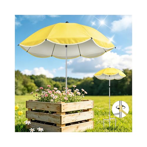 Single yellow plant umbrella with three-prong ground stake — shows the upgraded windproof stake design