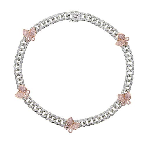 Hip Hop Pendant - Iced Out 10Mm Miami Cuban Link Chain Charm Choker Necklace Hip Hop Luxury Silver Color Women Jewelry, (Silver Pink, 41Cm) #TOP11