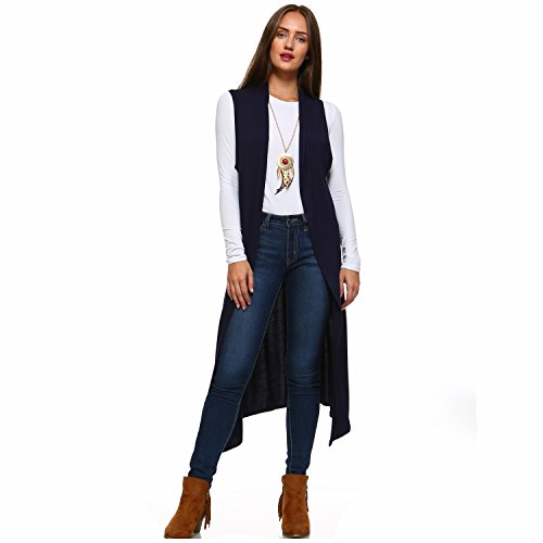 Isaac Liev Women's Sleeveless Cardigan â€“ Casual Long Maxi Open Front Flowy Drape Lightweight Duster Vest Made in USA (Large, Navy)