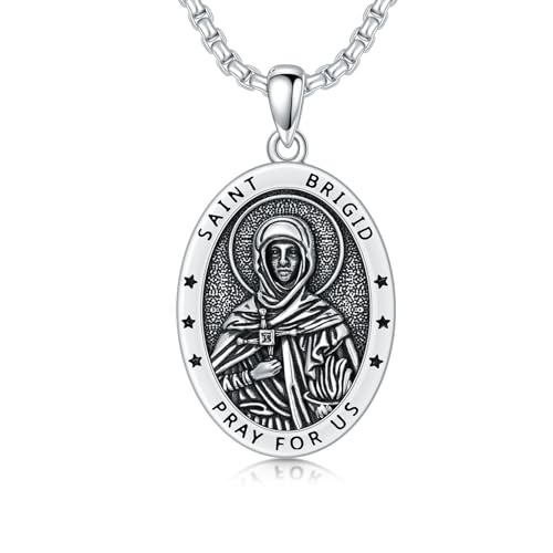 Seiyang St Brigid Necklace 925 Sterling Silver Saint Brigid Medal for Men St Brigid Cross Pendant Medalla de San Brígido Protection Jewelry Religious Gifts for Men