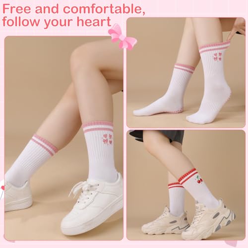 Image of Jspupifip 3 Pairs Cute Pilates Socks with Grips for Women Non Slip Yoga Grippy Socks Embroidery Cherry Athletic Crew Sock for Barre Ballet Barefoot Workout Hospital