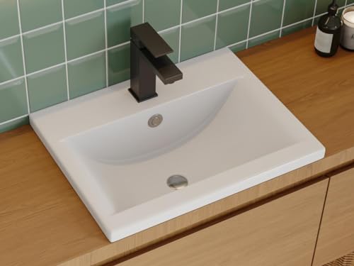Vente-unique - Vasque de salle de bain semi-encastrée rectangle en céramique - L51,5 cm - Blanc - YASMAC II