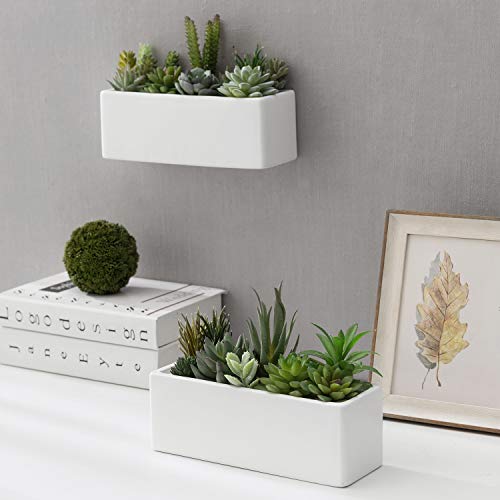 Mygift 10 Inch Modern Matte White Rectangular Ceramic Wall Mounted Succulent Planter Boxes, Indoor Hanging And Tabletop Herb Plant Containers, Set Of 2 #TOP1
